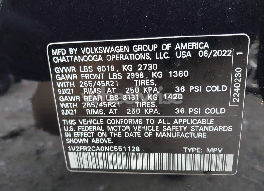 Photo 9 of 2022 Volkswagen Atlas 3.6L V6 SEL PREMIUM R-LINE (VIN 1V2FR2CA0NC551128)
