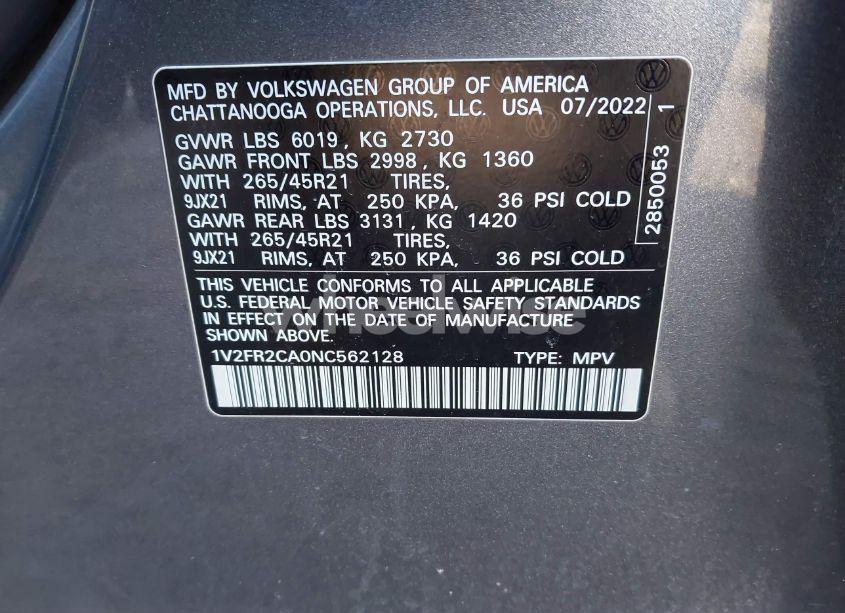 Photo 9 of 2022 Volkswagen Atlas 3.6L V6 SEL PREMIUM R-LINE (VIN 1V2FR2CA0NC562128)