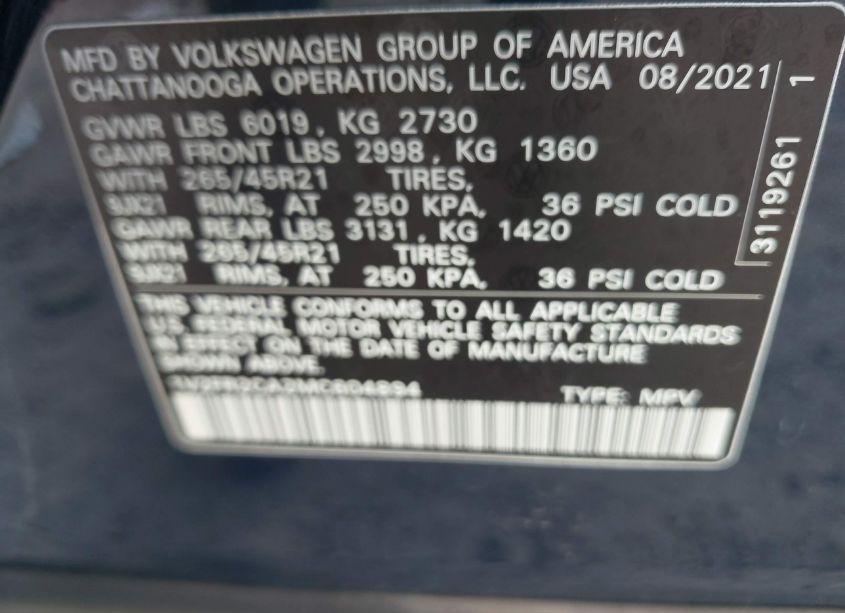 Photo 9 of 2021 Volkswagen Atlas 3.6L V6 SEL PREMIUM R-LINE (VIN 1V2FR2CA2MC604894)