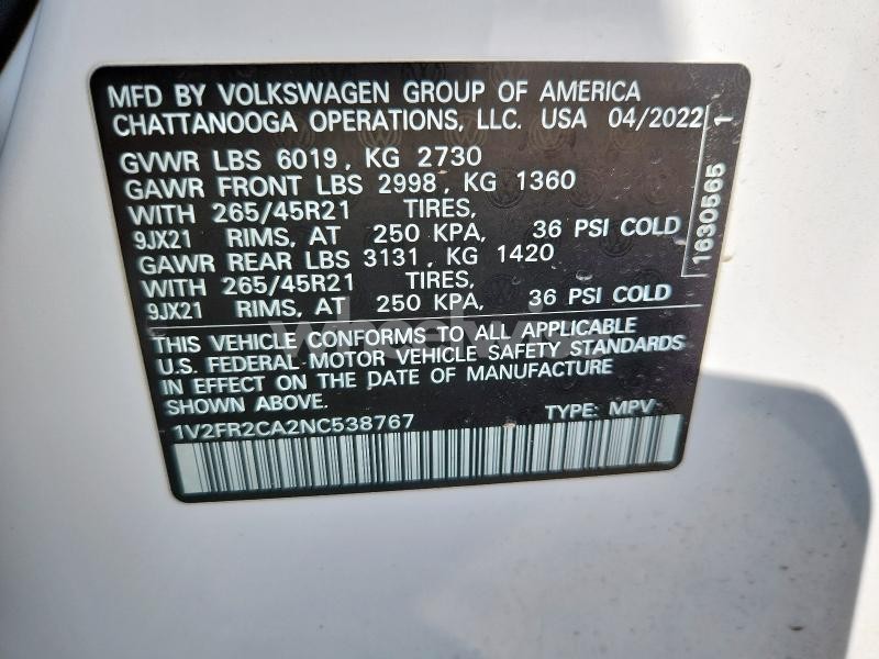 Photo 5 of 2022 VOLKSWAGEN ATLAS SEL PREMIUM R-LINE (VIN 1V2FR2CA2NC538767)
