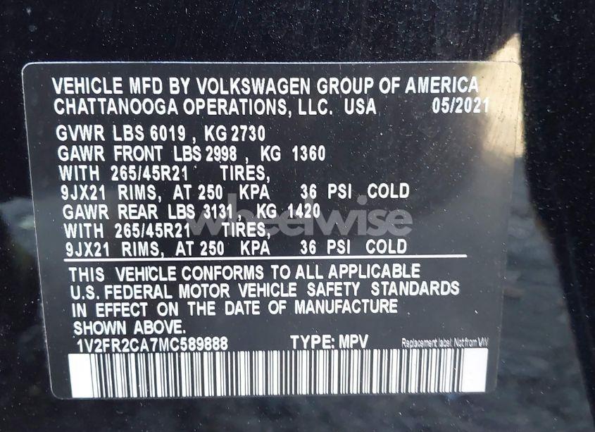 Photo 9 of 2021 Volkswagen Atlas 3.6L V6 SEL PREMIUM R-LINE (VIN 1V2FR2CA7MC589888)