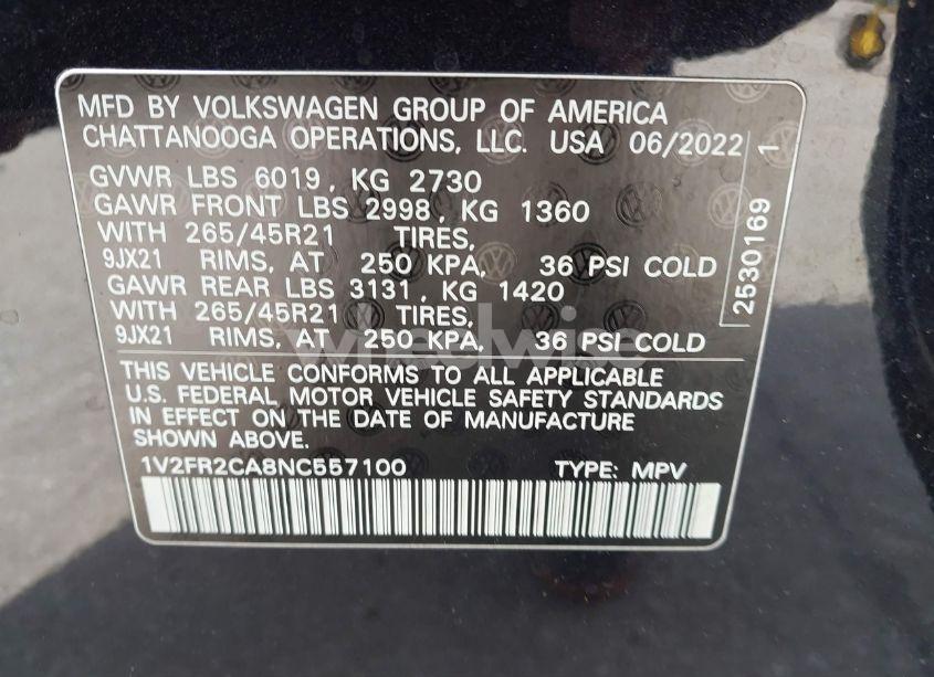 Photo 9 of 2022 Volkswagen Atlas 3.6L V6 SEL PREMIUM R-LINE (VIN 1V2FR2CA8NC557100)