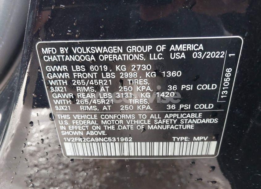 Photo 9 of 2022 Volkswagen Atlas 3.6L V6 SEL PREMIUM R-LINE (VIN 1V2FR2CA9NC531962)