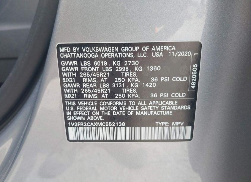 Photo 9 of 2021 Volkswagen Atlas 3.6L V6 SEL PREMIUM R-LINE (VIN 1V2FR2CAXMC552138)