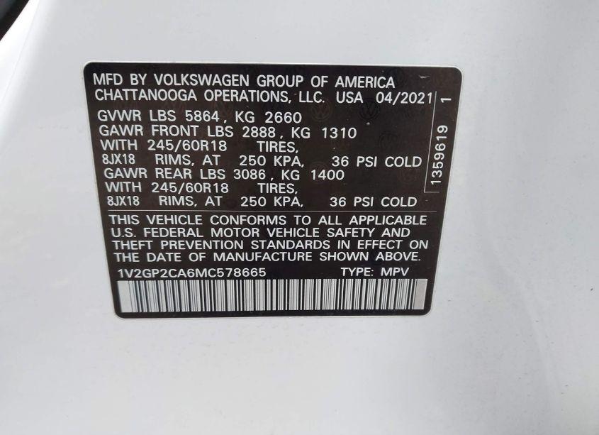Photo 9 of 2021 Volkswagen Atlas 2.0T S (VIN 1V2GP2CA6MC578665)