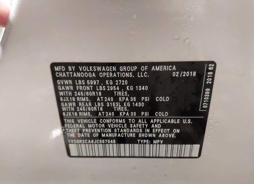 Photo 9 of 2018 Volkswagen Atlas 3.6L V6 S (VIN 1V2GR2CA6JC557045)
