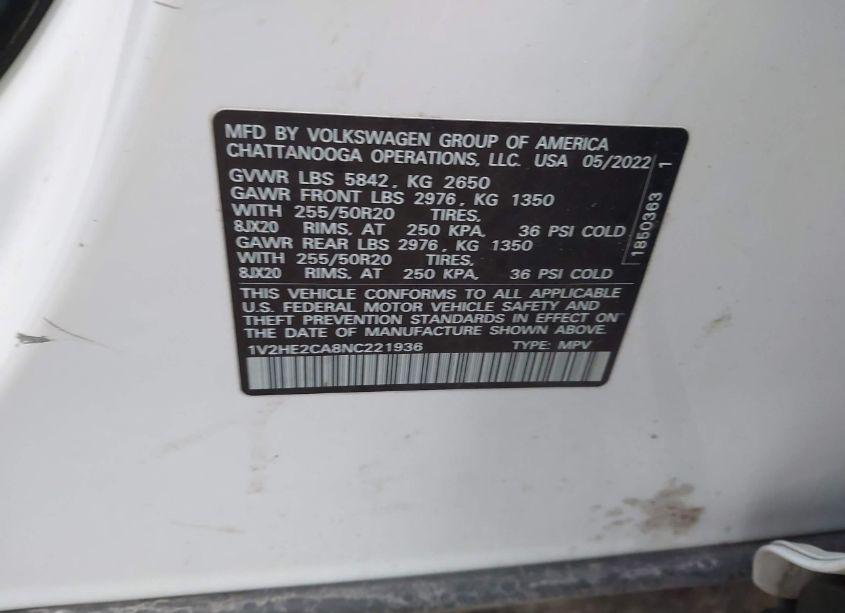 Photo 9 of 2022 Volkswagen Atlas CROSS SPORT 3.6L V6 SE W/TECHNOLOGY (VIN 1V2HE2CA8NC221936)