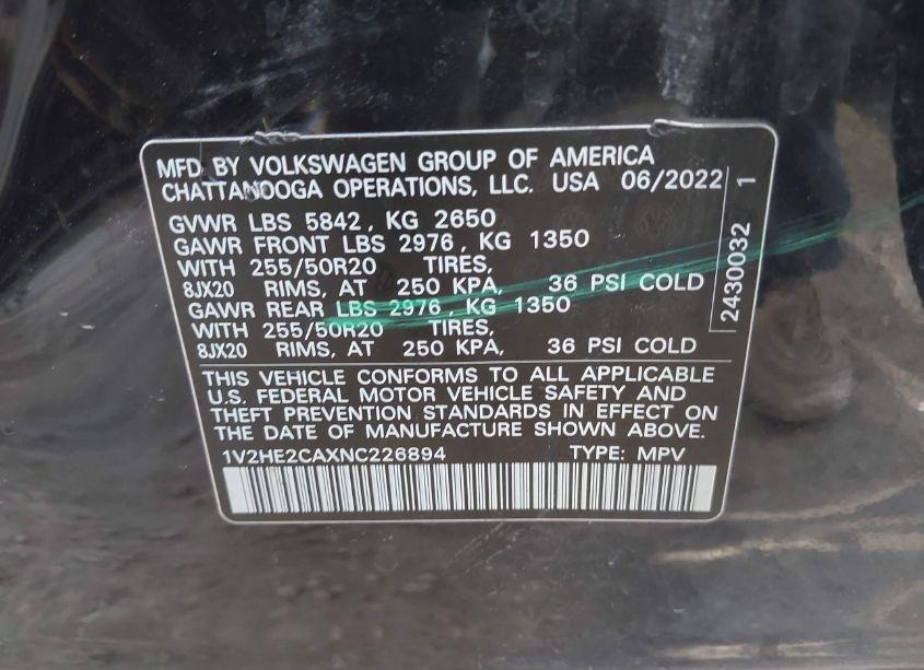 Photo 9 of 2022 Volkswagen Atlas CROSS SPORT 3.6L V6 SE W/TECHNOLOGY (VIN 1V2HE2CAXNC226894)