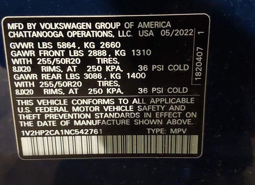 Photo 9 of 2022 Volkswagen Atlas 2.0T SE W/TECHNOLOGY (VIN 1V2HP2CA1NC542761)