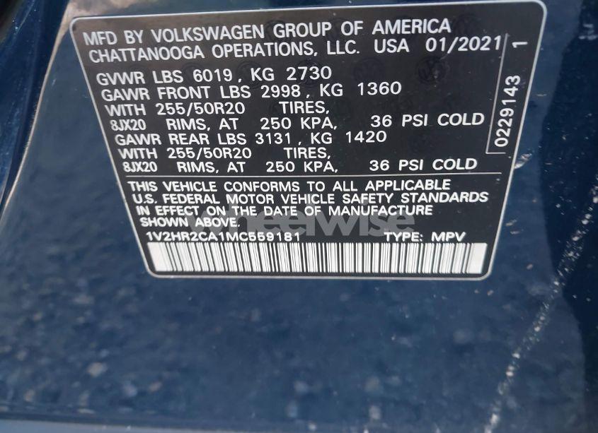 Photo 9 of 2021 Volkswagen Atlas 3.6L V6 SE W/TECHNOLOGY (VIN 1V2HR2CA1MC559181)