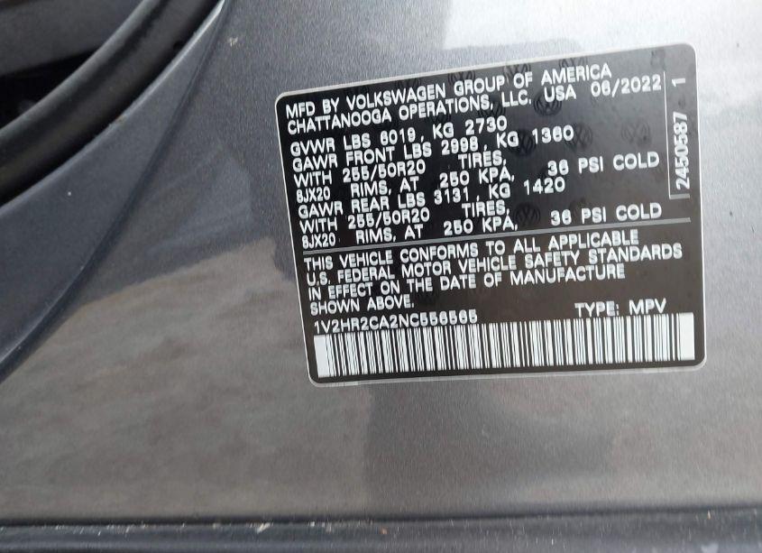 Photo 9 of 2022 Volkswagen Atlas 3.6L V6 SE W/TECHNOLOGY (VIN 1V2HR2CA2NC556565)