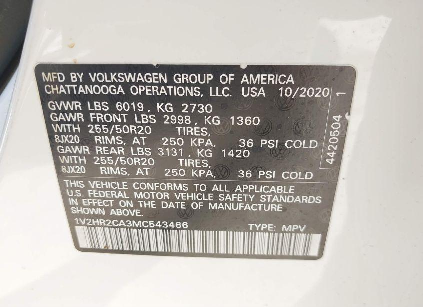 Photo 9 of 2021 Volkswagen Atlas 3.6L V6 SE W/TECHNOLOGY (VIN 1V2HR2CA3MC543466)