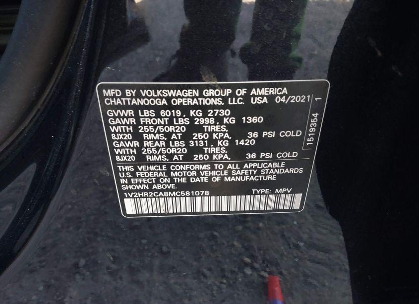 Photo 9 of 2021 Volkswagen Atlas 3.6L V6 SE W/TECHNOLOGY (VIN 1V2HR2CA8MC581078)