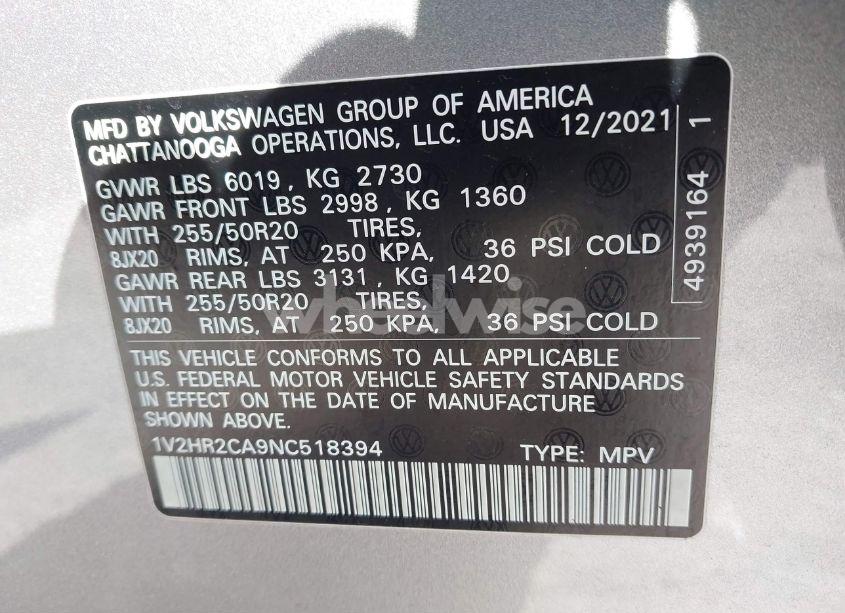 Photo 9 of 2022 Volkswagen Atlas 3.6L V6 SE W/TECHNOLOGY (VIN 1V2HR2CA9NC518394)