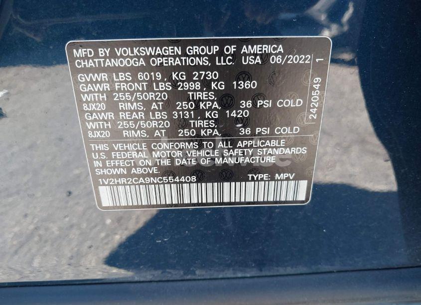 Photo 9 of 2022 Volkswagen Atlas 3.6L V6 SE W/TECHNOLOGY (VIN 1V2HR2CA9NC554408)