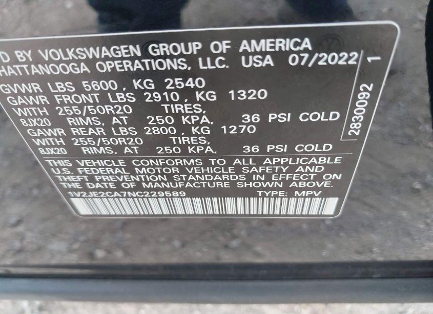 Photo 9 of 2022 Volkswagen Atlas CROSS SPORT 3.6L V6 SE W/TECHNOLOGY (VIN 1V2JE2CA7NC229589)