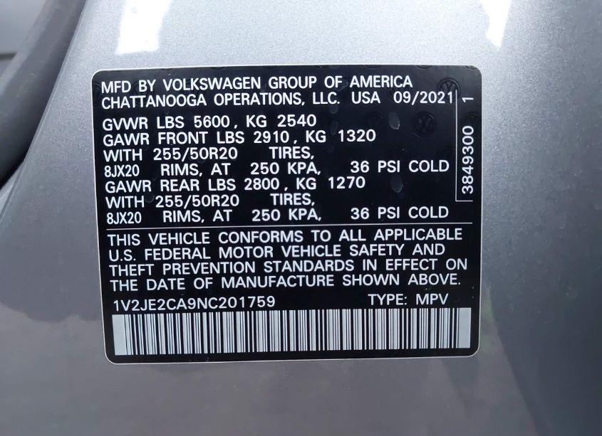 Photo 9 of 2022 Volkswagen Atlas CROSS SPORT 3.6L V6 SE W/TECHNOLOGY (VIN 1V2JE2CA9NC201759)