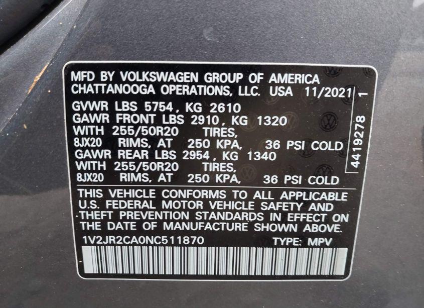 Photo 9 of 2022 Volkswagen Atlas 3.6L V6 SE W/TECHNOLOGY (VIN 1V2JR2CA0NC511870)