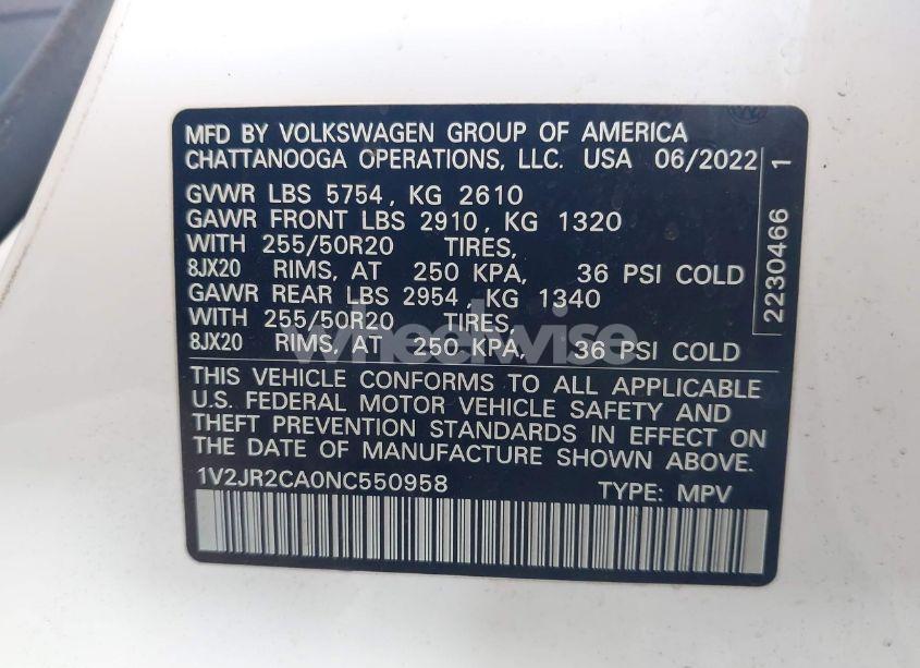 Photo 9 of 2022 Volkswagen Atlas 3.6L V6 SE W/TECHNOLOGY (VIN 1V2JR2CA0NC550958)