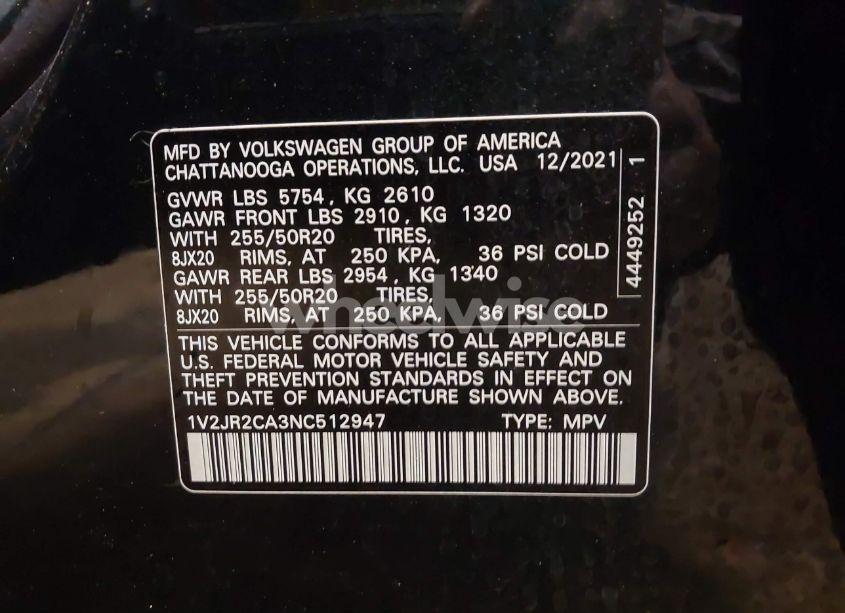 Photo 9 of 2022 Volkswagen Atlas 3.6L V6 SE W/TECHNOLOGY (VIN 1V2JR2CA3NC512947)