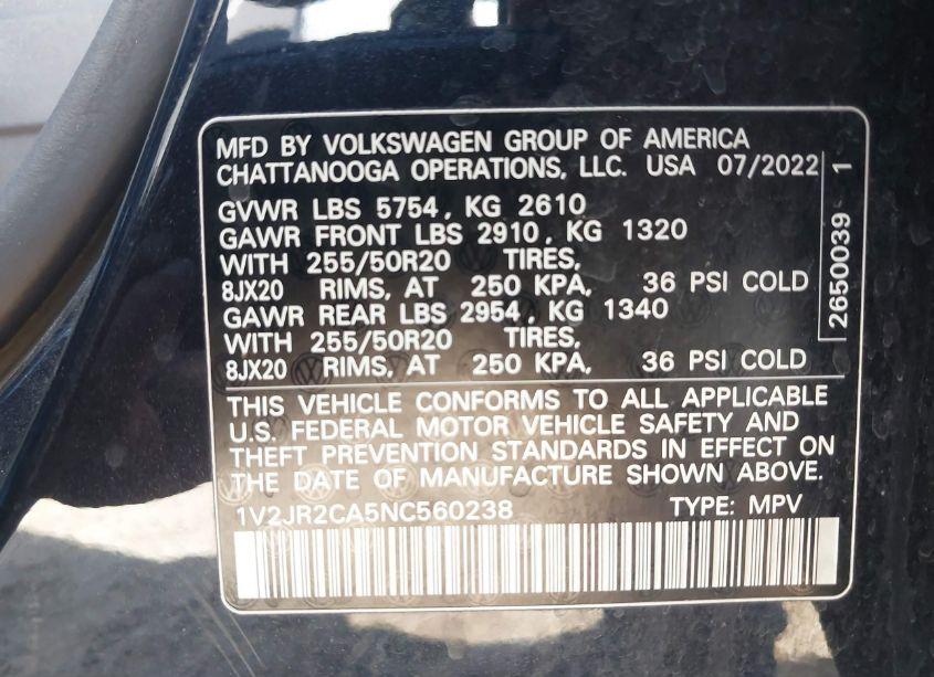 Photo 9 of 2022 Volkswagen Atlas 3.6L V6 SE W/TECHNOLOGY (VIN 1V2JR2CA5NC560238)