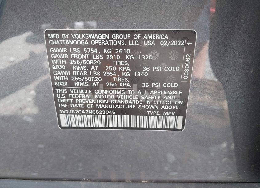 Photo 9 of 2022 Volkswagen Atlas 3.6L V6 SE W/TECHNOLOGY (VIN 1V2JR2CA7NC523045)