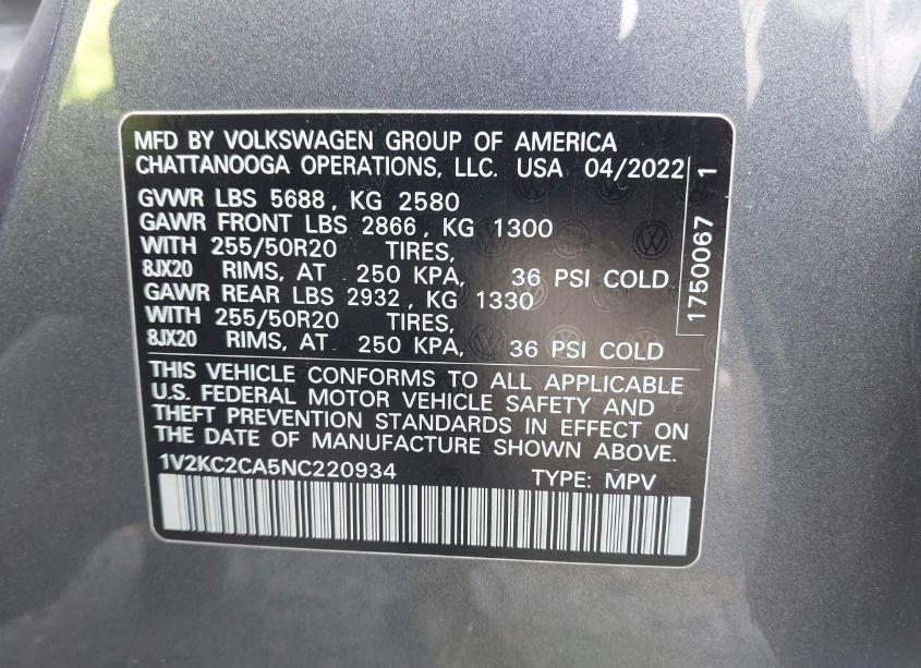 Photo 9 of 2022 Volkswagen Atlas CROSS SPORT 2.0T SE W/TECHNOLOGY (VIN 1V2KC2CA5NC220934)