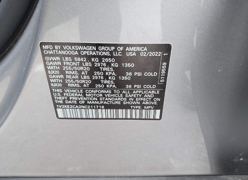 Photo 9 of 2022 Volkswagen Atlas CROSS SPORT 3.6L V6 SE W/TECHNOLOGY (VIN 1V2KE2CA2NC211716)