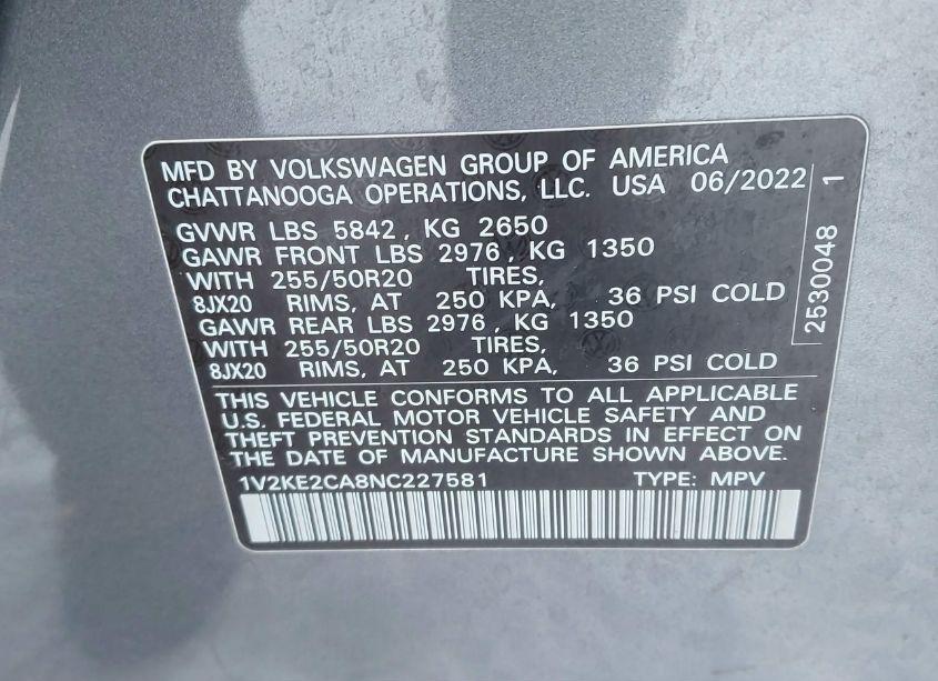 Photo 9 of 2022 Volkswagen Atlas CROSS SPORT 3.6L V6 SE W/TECHNOLOGY (VIN 1V2KE2CA8NC227581)
