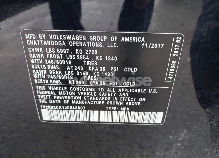 Photo 9 of 2018 Volkswagen Atlas 3.6L V6 SE (VIN 1V2KR2CA1JC543807)