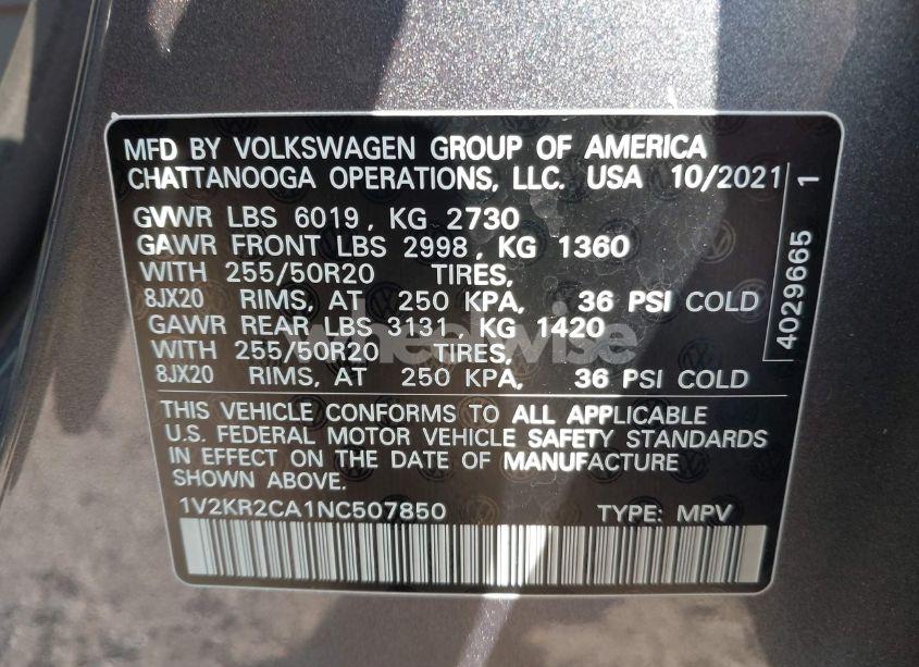 Photo 9 of 2022 Volkswagen Atlas 3.6L V6 SE W/TECHNOLOGY (VIN 1V2KR2CA1NC507850)