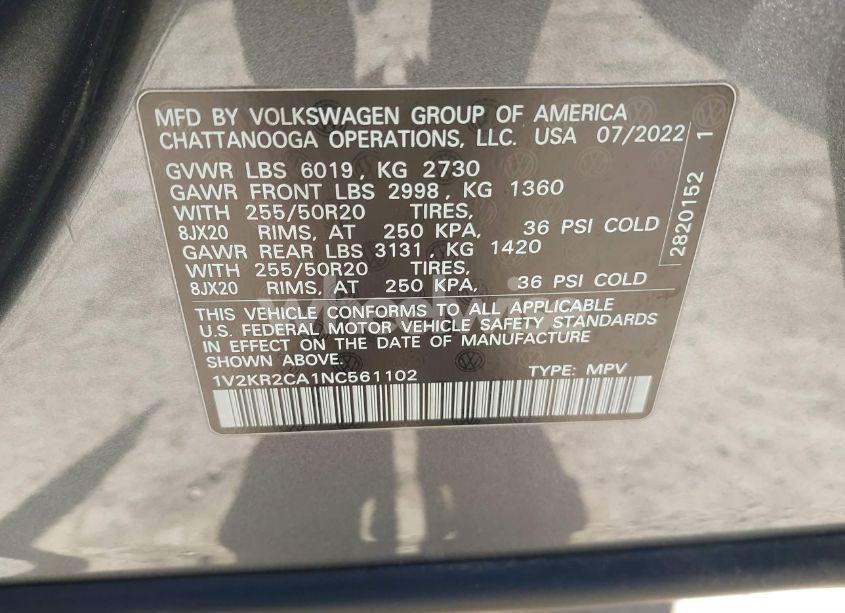 Photo 9 of 2022 Volkswagen Atlas 3.6L V6 SE W/TECHNOLOGY (VIN 1V2KR2CA1NC561102)