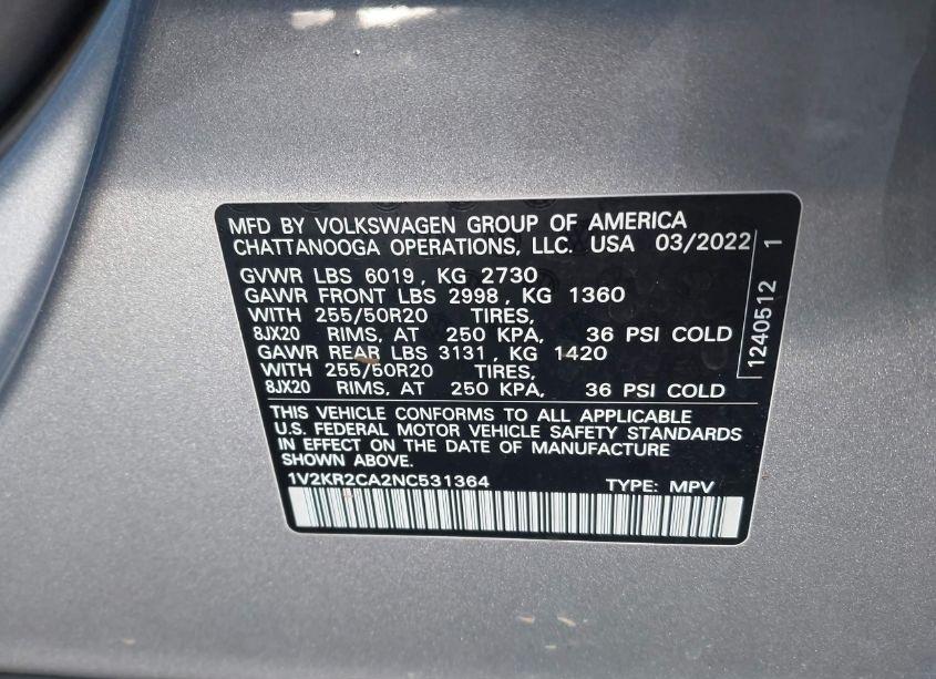 Photo 9 of 2022 Volkswagen Atlas 3.6L V6 SE W/TECHNOLOGY (VIN 1V2KR2CA2NC531364)