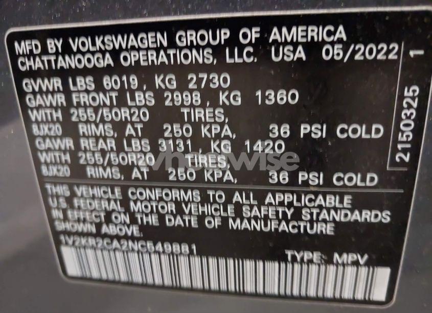 Photo 9 of 2022 Volkswagen Atlas 3.6L V6 SE W/TECHNOLOGY (VIN 1V2KR2CA2NC549881)