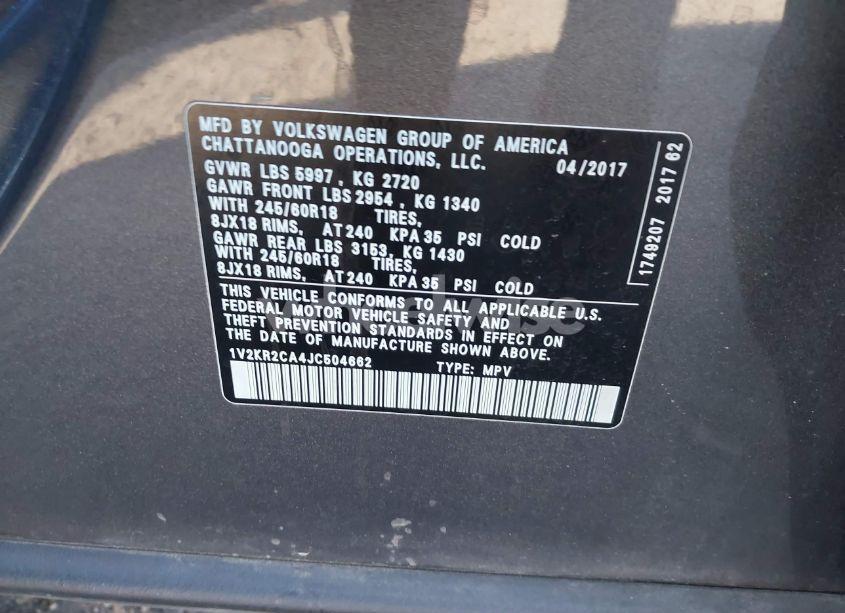 Photo 9 of 2018 Volkswagen Atlas 3.6L V6 SE (VIN 1V2KR2CA4JC504662)