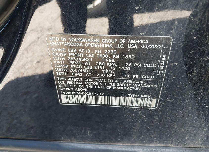 Photo 9 of 2022 Volkswagen Atlas 3.6L V6 SE W/TECHNOLOGY (VIN 1V2KR2CA4NC557772)