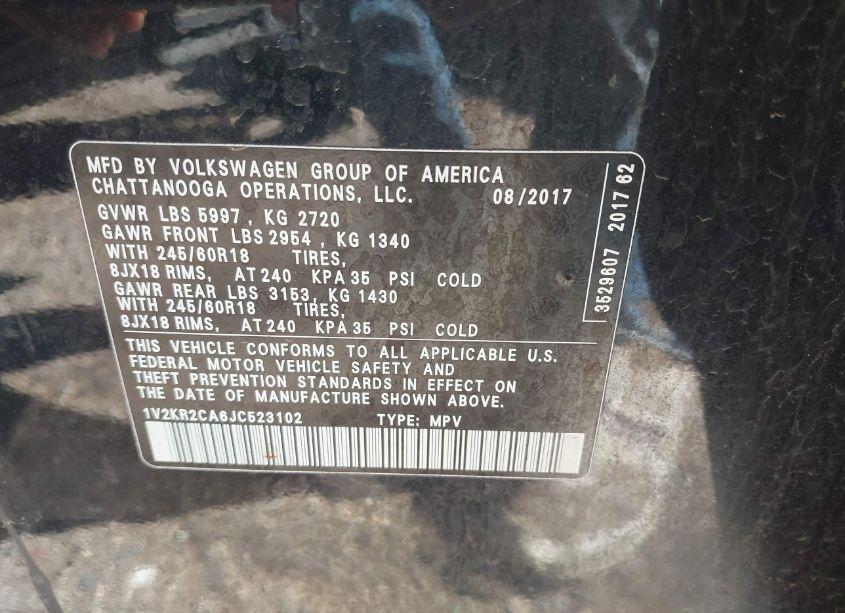 Photo 9 of 2018 Volkswagen Atlas 3.6L V6 SE (VIN 1V2KR2CA6JC523102)