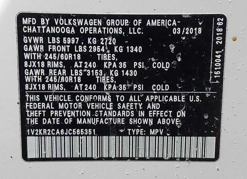 Photo 9 of 2018 Volkswagen Atlas 3.6L V6 SE (VIN 1V2KR2CA6JC565351)