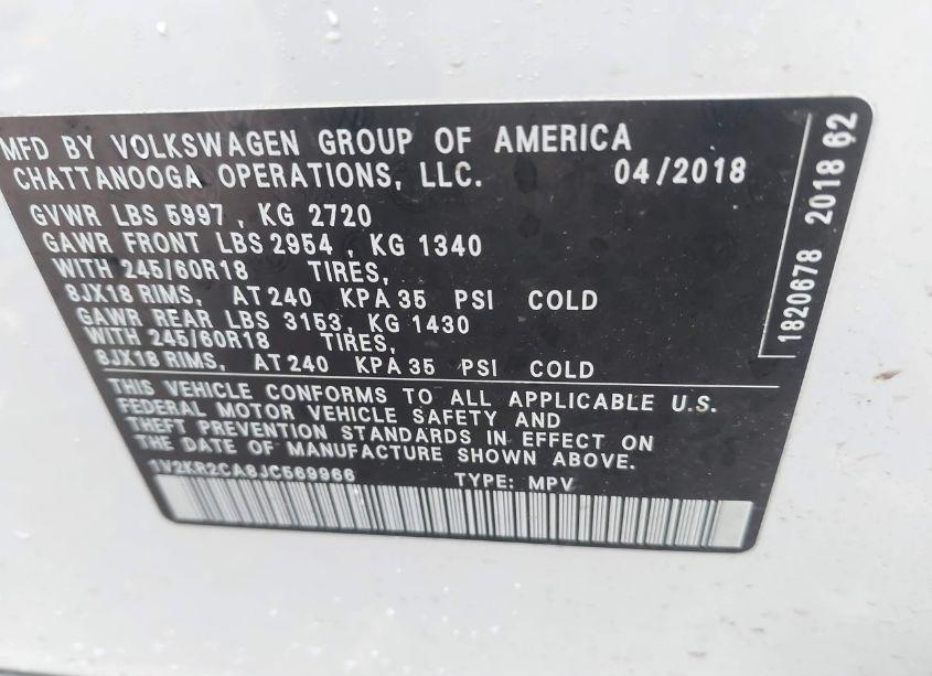 Photo 9 of 2018 Volkswagen Atlas 3.6L V6 SE (VIN 1V2KR2CA8JC569966)