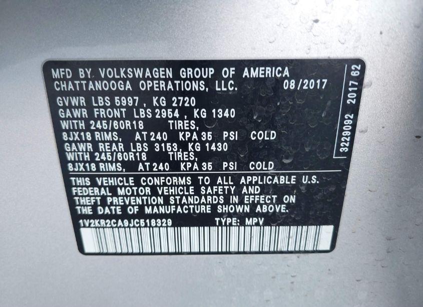 Photo 9 of 2018 Volkswagen Atlas 3.6L V6 SE (VIN 1V2KR2CA9JC518329)