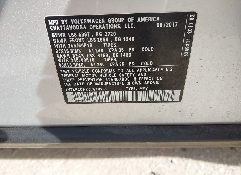 Photo 9 of 2018 Volkswagen Atlas 3.6L V6 SE (VIN 1V2KR2CAXJC519201)