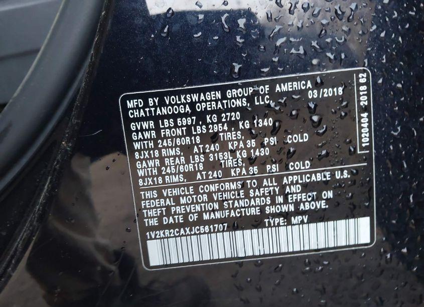 Photo 9 of 2018 Volkswagen Atlas 3.6L V6 SE (VIN 1V2KR2CAXJC561707)