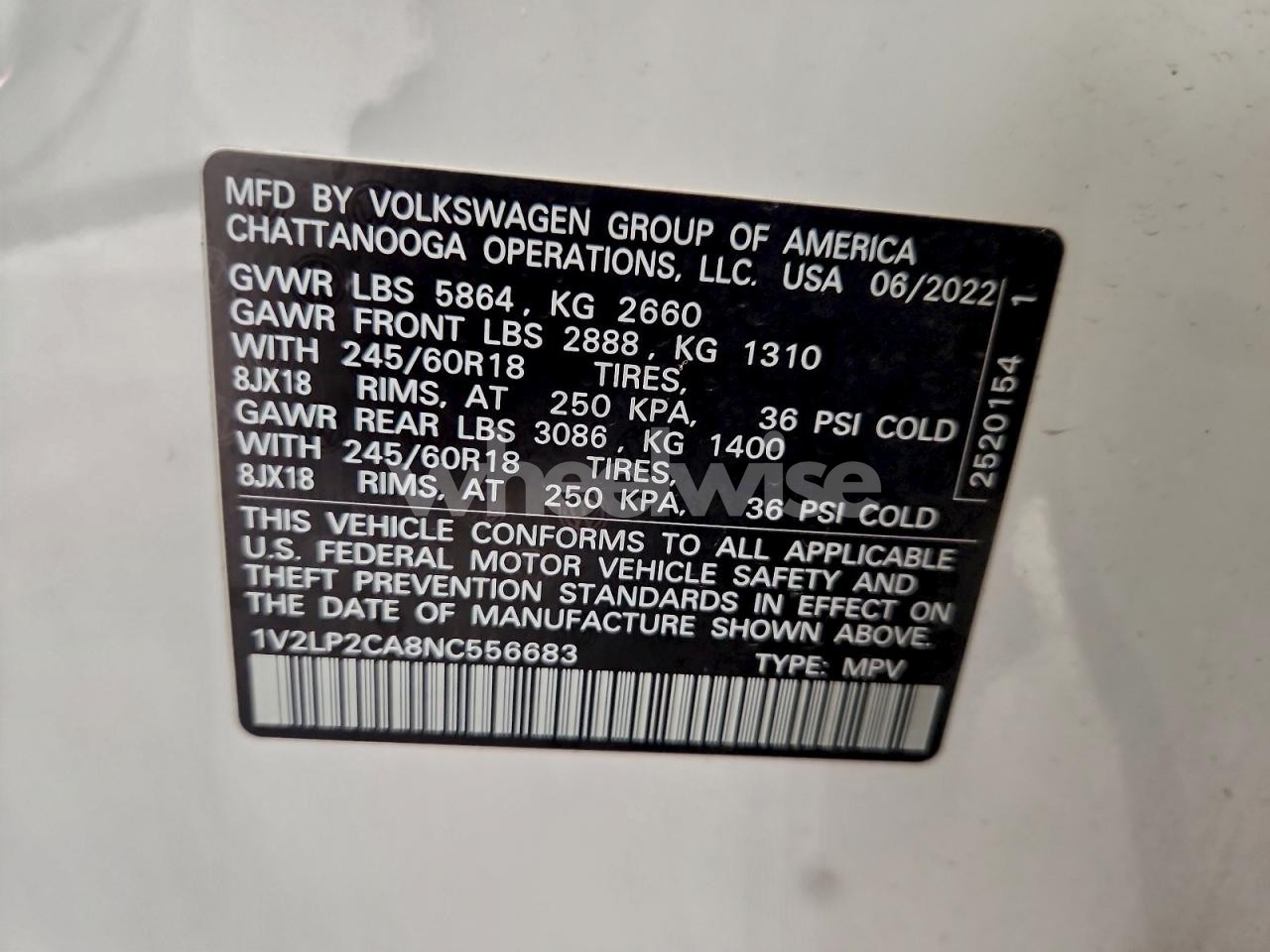 Photo 12 of 2022 VOLKSWAGEN ATLAS SE N/A (VIN 1V2LP2CA8NC556683)