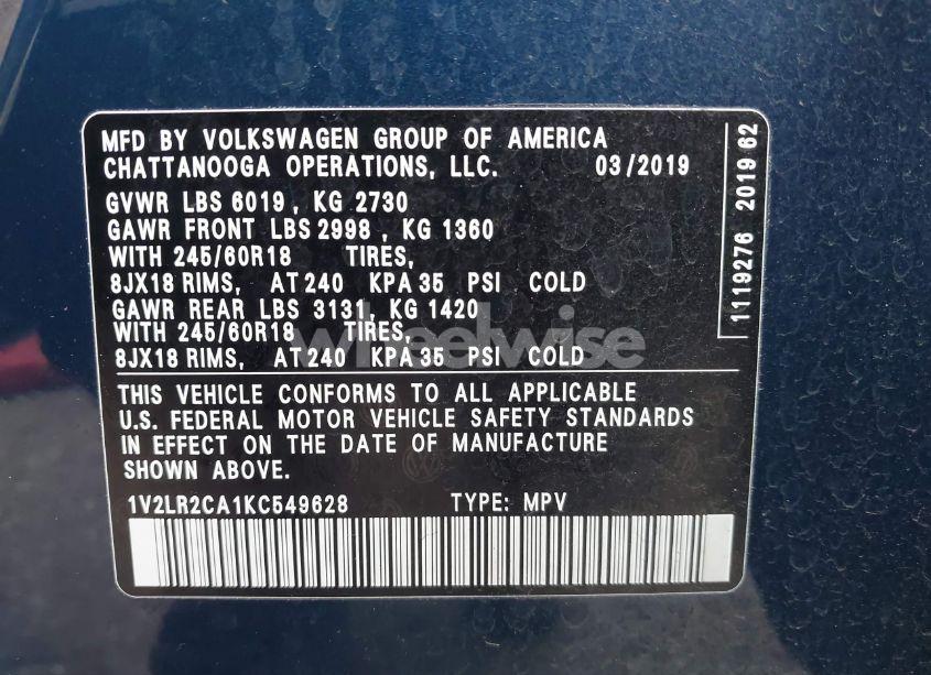 Photo 9 of 2019 Volkswagen Atlas 3.6L V6 SE (VIN 1V2LR2CA1KC549628)