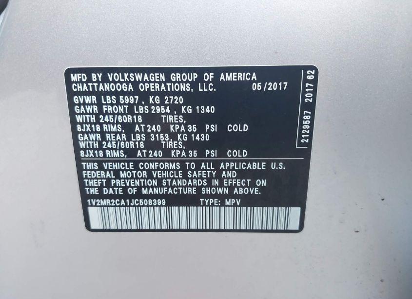 Photo 9 of 2018 Volkswagen Atlas 3.6L V6 SEL (VIN 1V2MR2CA1JC508399)