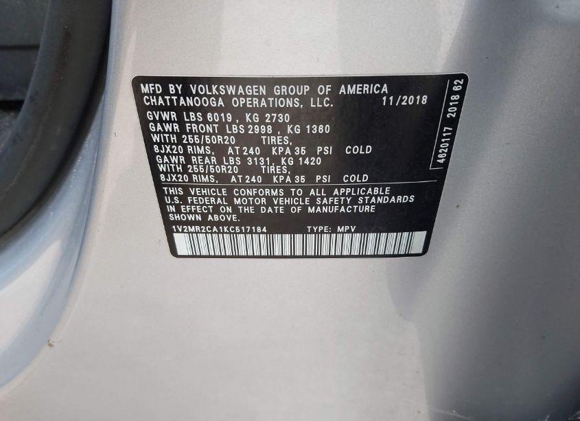 Photo 9 of 2019 Volkswagen Atlas 3.6L V6 SEL (VIN 1V2MR2CA1KC517184)