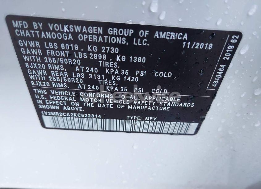 Photo 9 of 2019 Volkswagen Atlas 3.6L V6 SEL (VIN 1V2MR2CA2KC522314)