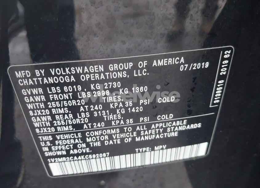 Photo 9 of 2019 Volkswagen Atlas 3.6L V6 SEL (VIN 1V2MR2CA4KC592087)