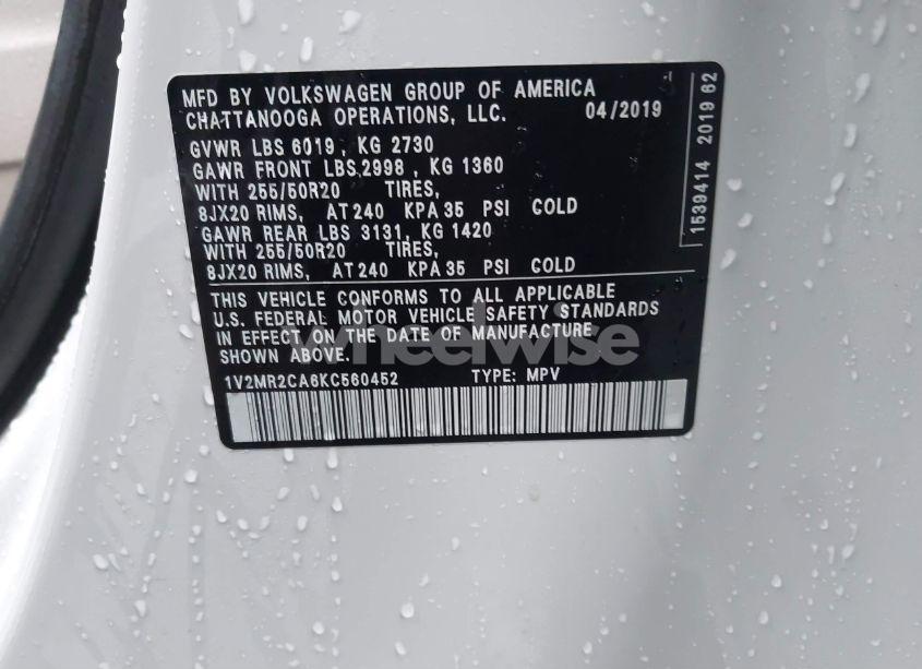 Photo 9 of 2019 Volkswagen Atlas 3.6L V6 SEL (VIN 1V2MR2CA6KC560452)
