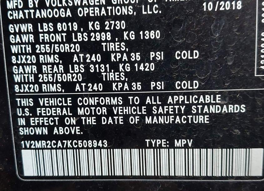 Photo 9 of 2019 Volkswagen Atlas 3.6L V6 SEL (VIN 1V2MR2CA7KC508943)
